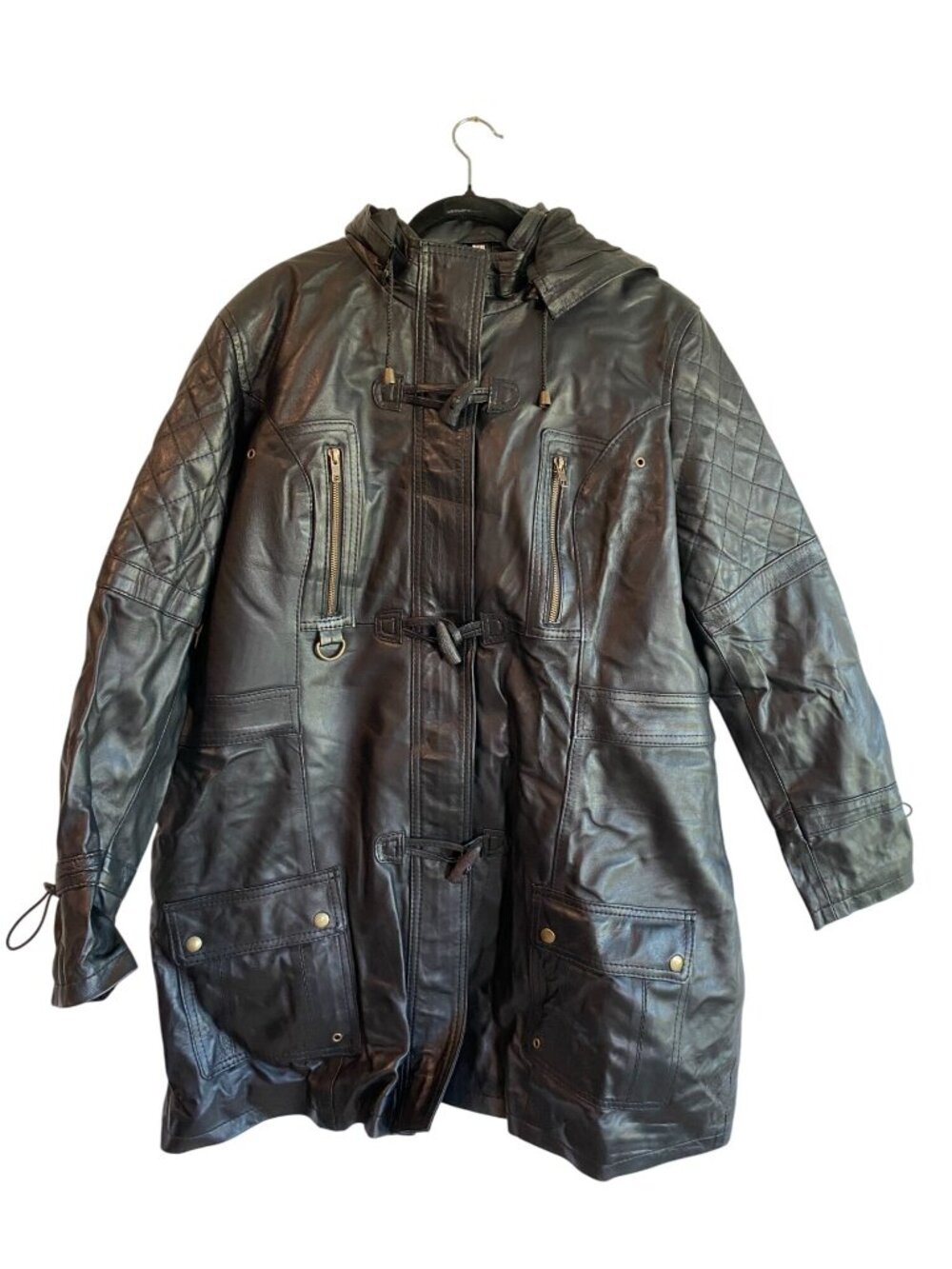 Womens 3XL Black Real Leather Hooded Duffle Coat Quilted Moto Jacket Toggle